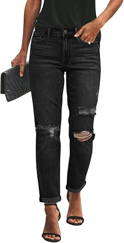 KUNMI Women's Ripped Mid Waisted Boyfriend Jeans